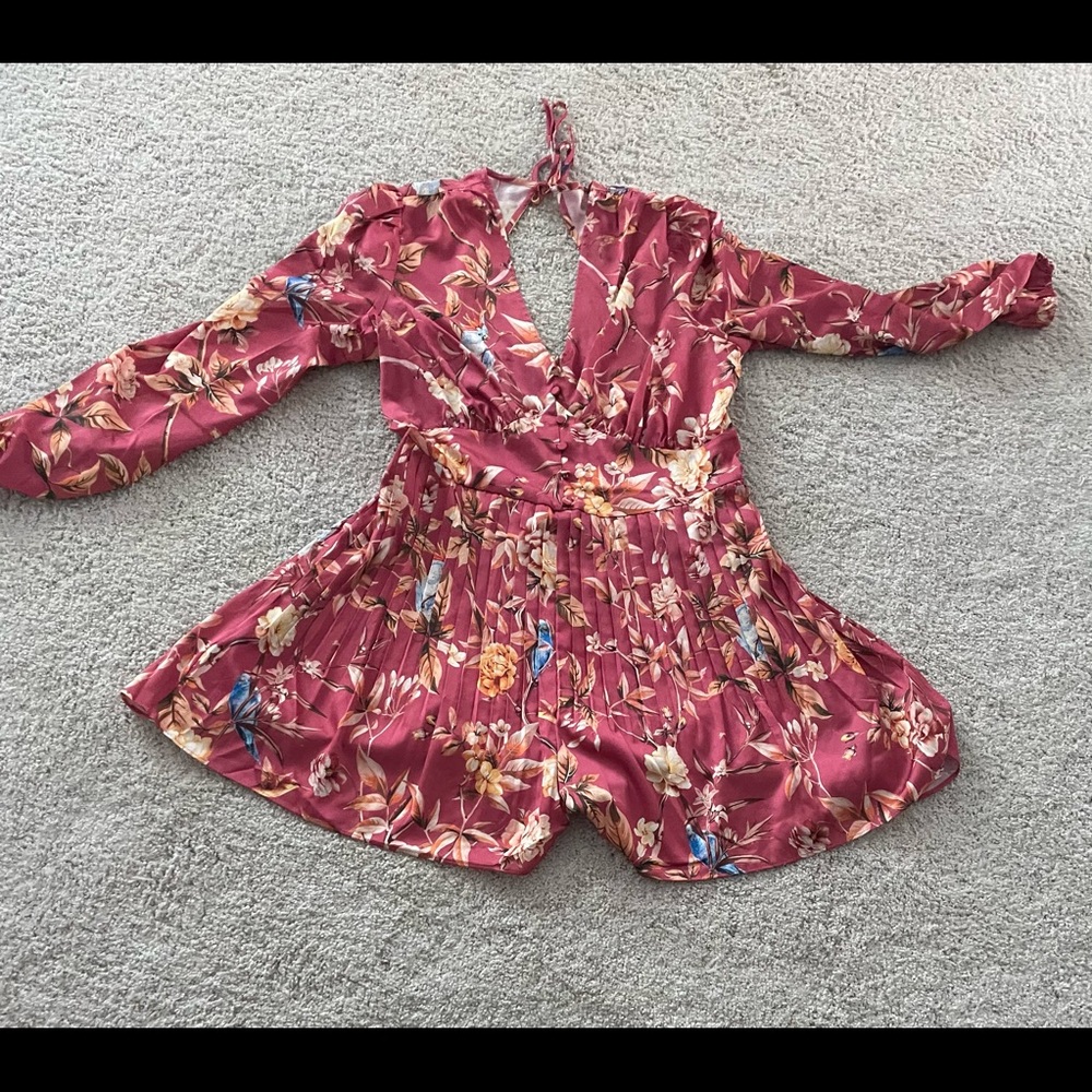 Satin floral bird pattern romper long sleeve cut out back